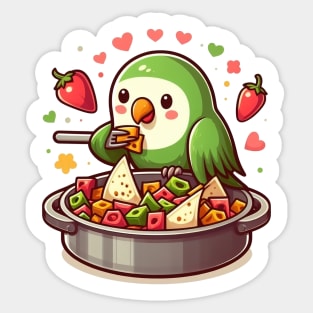 cute love birds are eating Mexican specialties, Tacos, Burritos, Enchiladas, Quesadillas, Guacamole, Fajitas, Chiles Rellenos, Tamales, Mole, Chilaquiles, Sticker